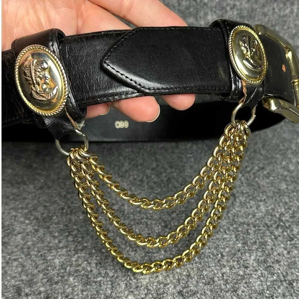 Vintage Avignon black leather chain belt SM gold medallion old money Renaissance